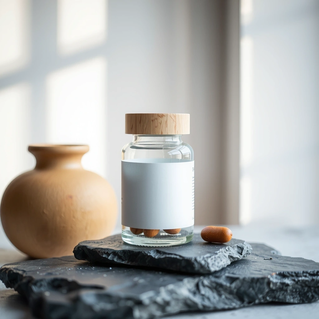 Vitalität Komplex Glasflasche mit Holzverschluss auf Schiefer