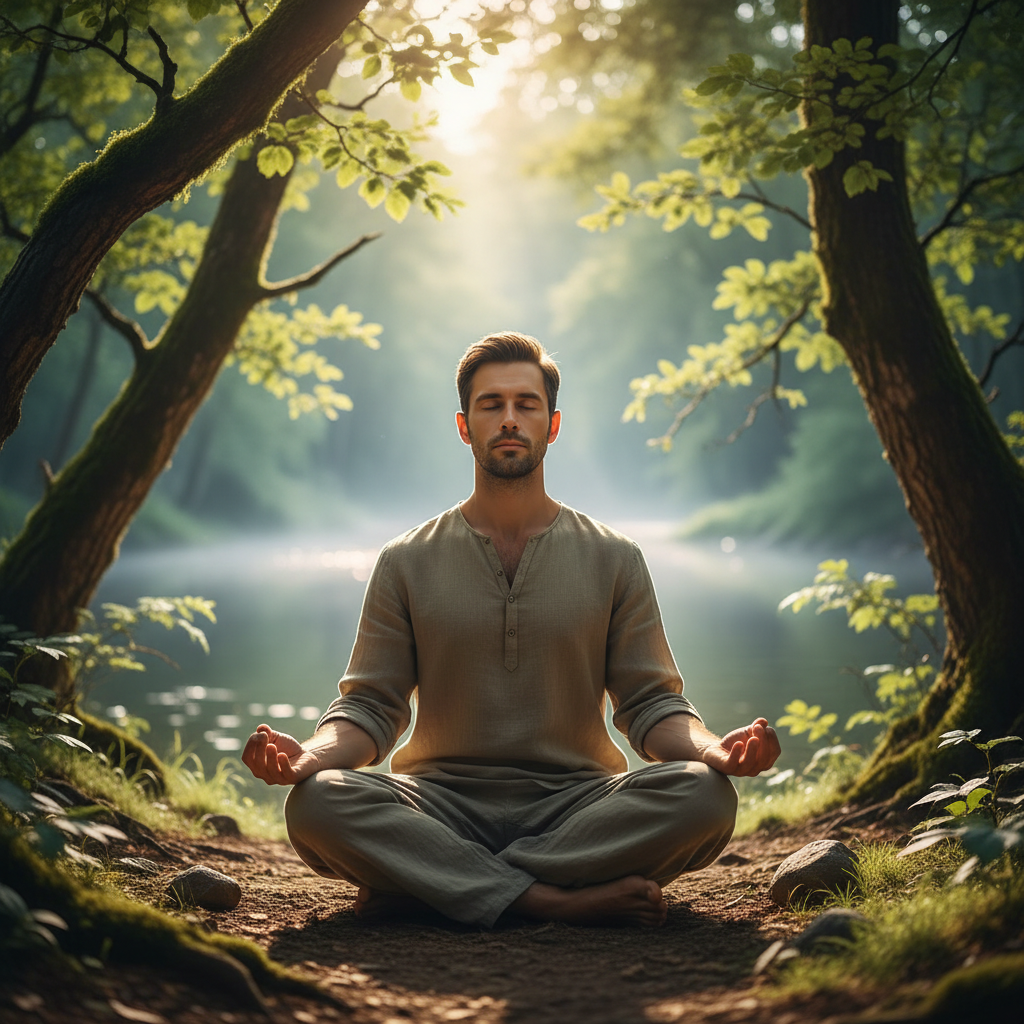 Homme en posture de méditation assise dans un environnement naturel serein, yeux fermés, lumière douce du matin filtrant à travers les feuilles