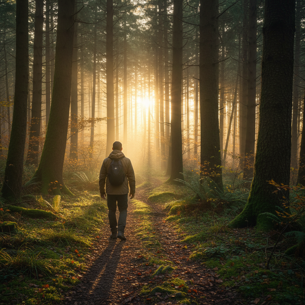 Homme marchant seul dans une forêt dense au lever du soleil, lumière dorée filtrant entre les arbres, atmosphère calme et contemplative