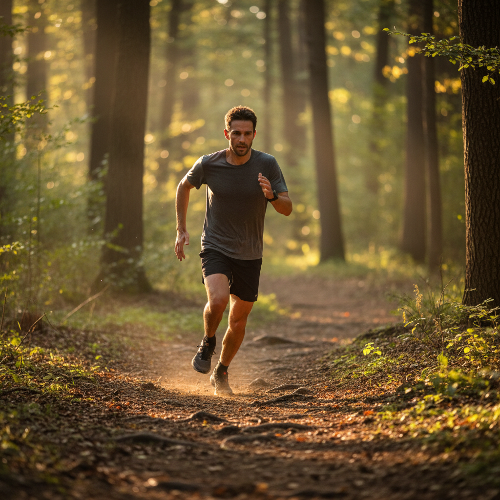 Homme en plein effort de course à pied dans un environnement naturel, chemin forestier, lumière matinale, mouvement et énergie