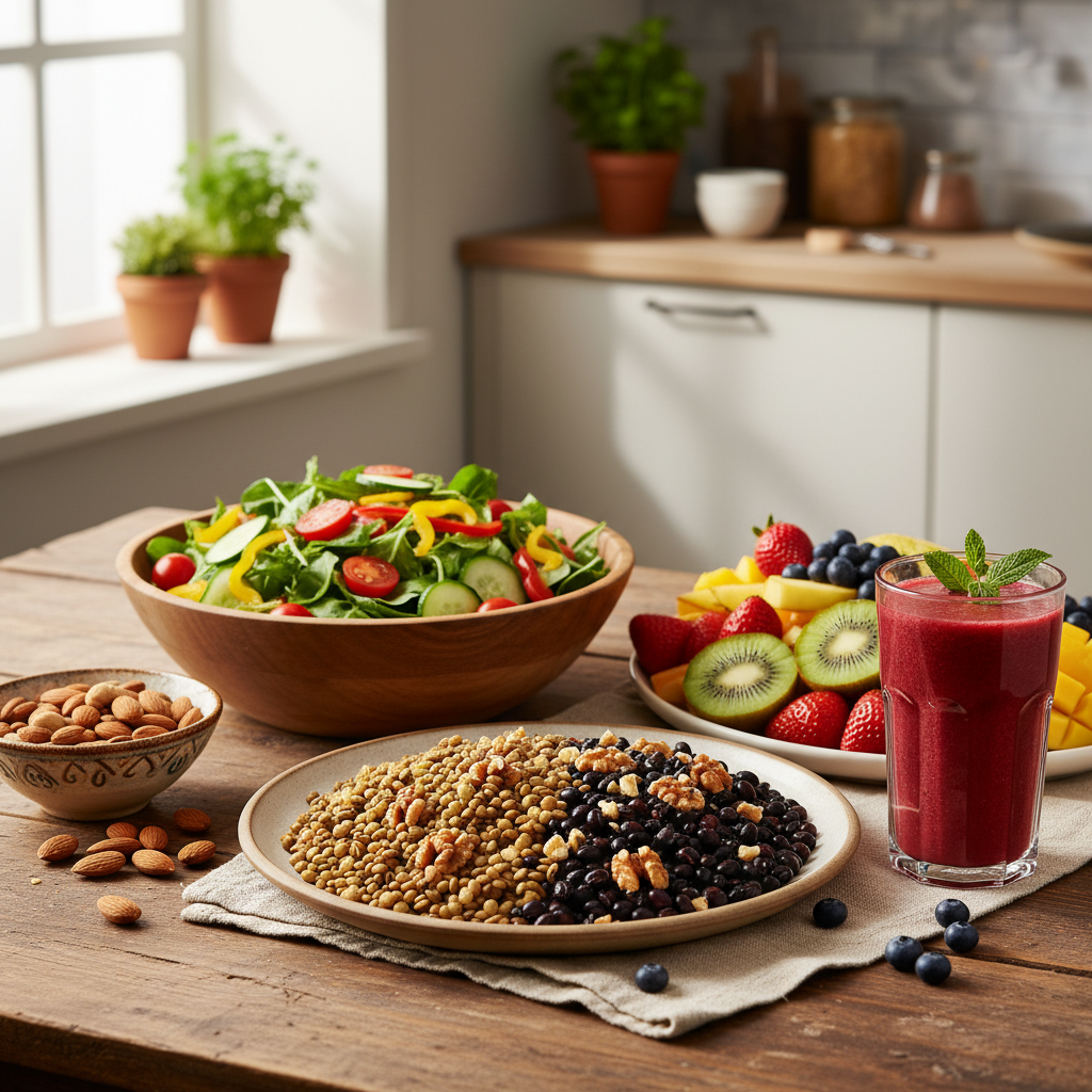 Table avec des aliments variés et colorés : légumes crus, légumineuses, noix, fruits frais et un verre d'eau, composition naturelle et lumineuse
