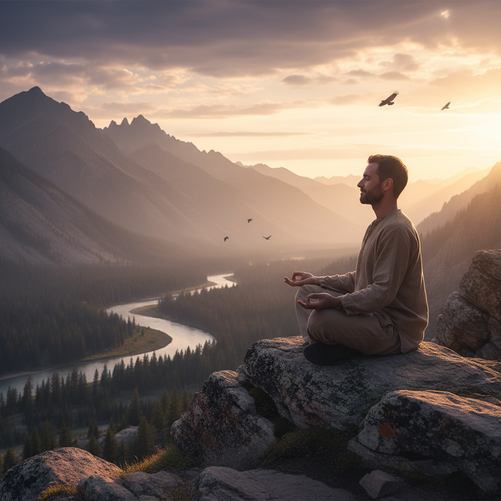 Homme assis en posture de méditation sur un rocher face à un panorama montagneux au coucher du soleil, sérénité et contemplation