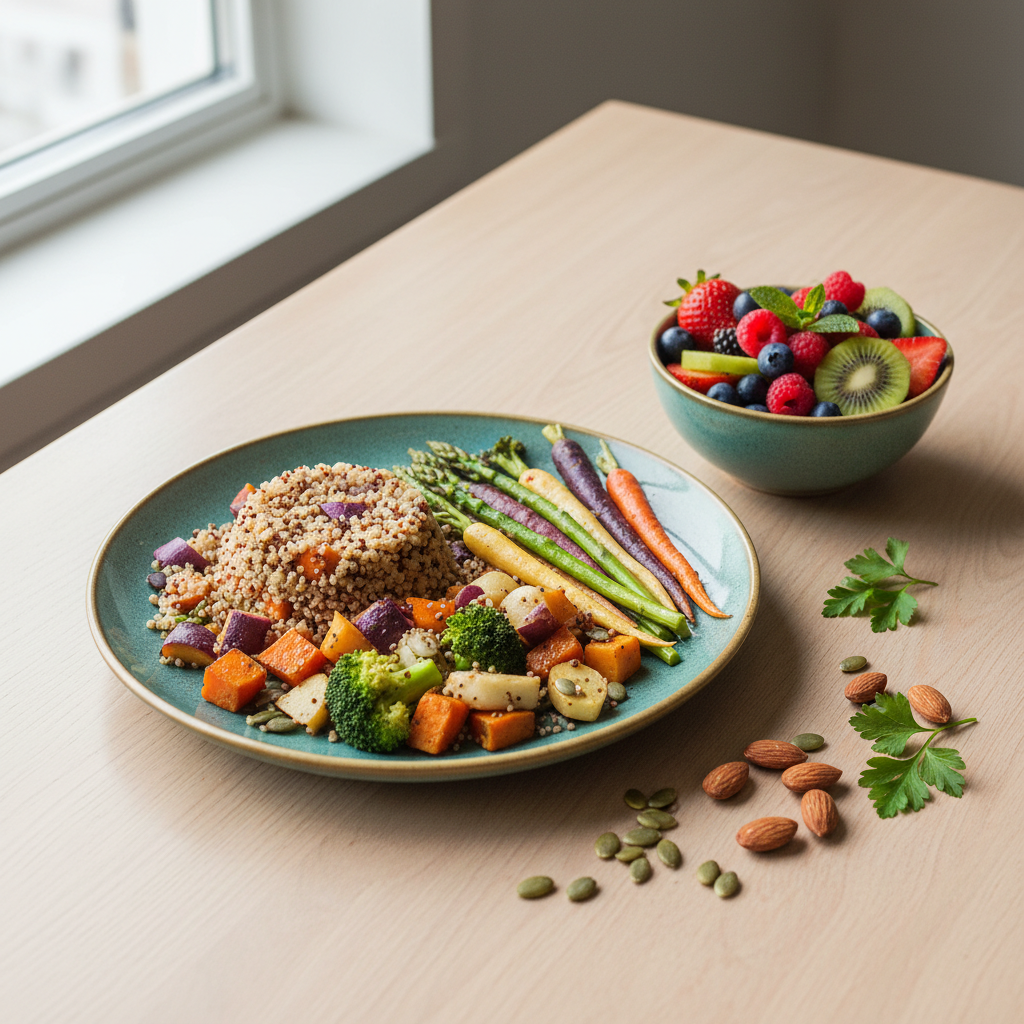 Assiette colorée avec légumes frais, céréales complètes et fruits disposés avec soin sur une table en bois clair