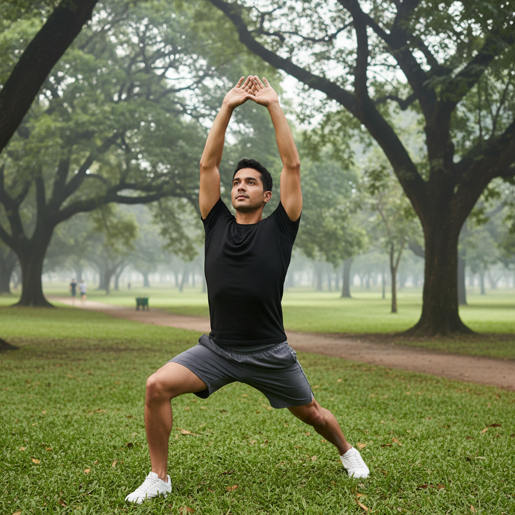 Homme pratiquant des étirements dans un parc verdoyant au matin, tenue de sport sobre, lumière naturelle diffuse